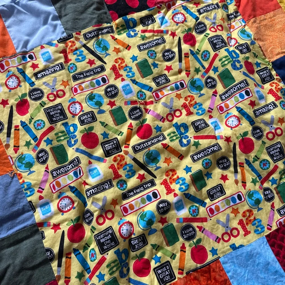 Multicolor Patchwork Twin Quilt with School Theme Handmade